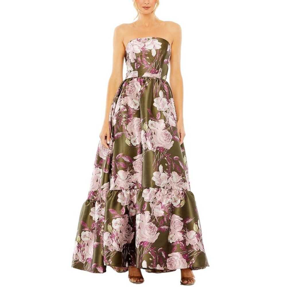 Mac Duggal Olive Green Strapless Floral Maxi Gown with Pink Roses